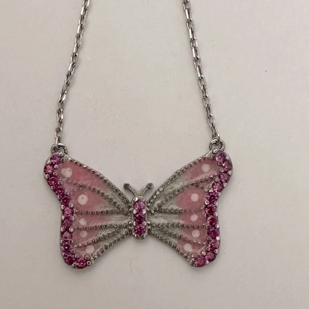 925 Silver butterfly necklace cz stones and pink white handmade enamel